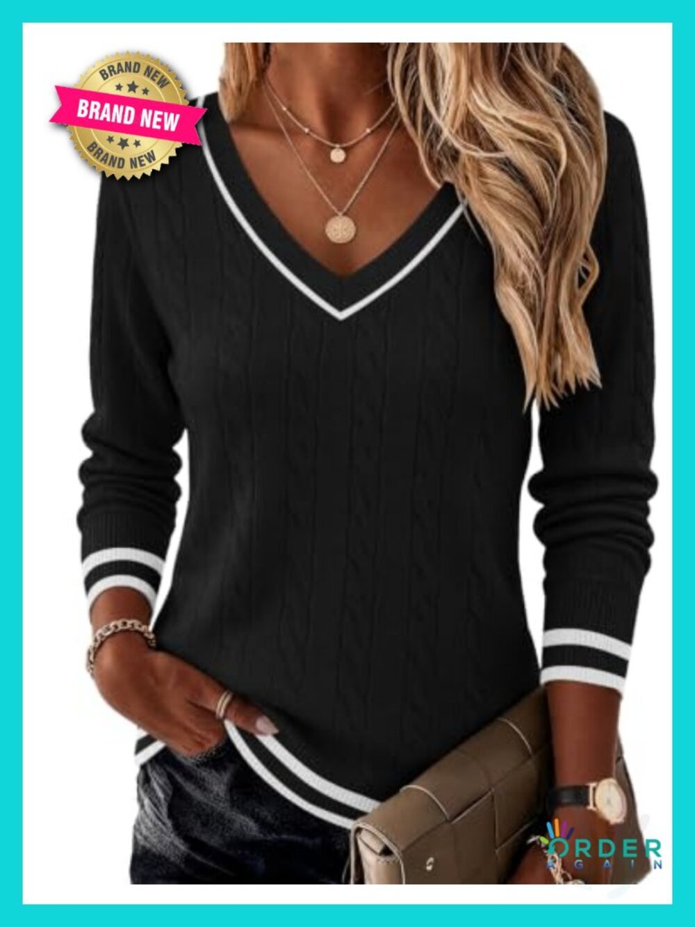 Ekouaer Womens Cable Knit V Neck Sweater Long Sleeve